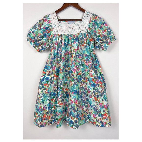 Mi Golondrina Maria Turquesa Dress S Floral Embroidered Square Neck Puff Sleeve - Picture 8 of 10